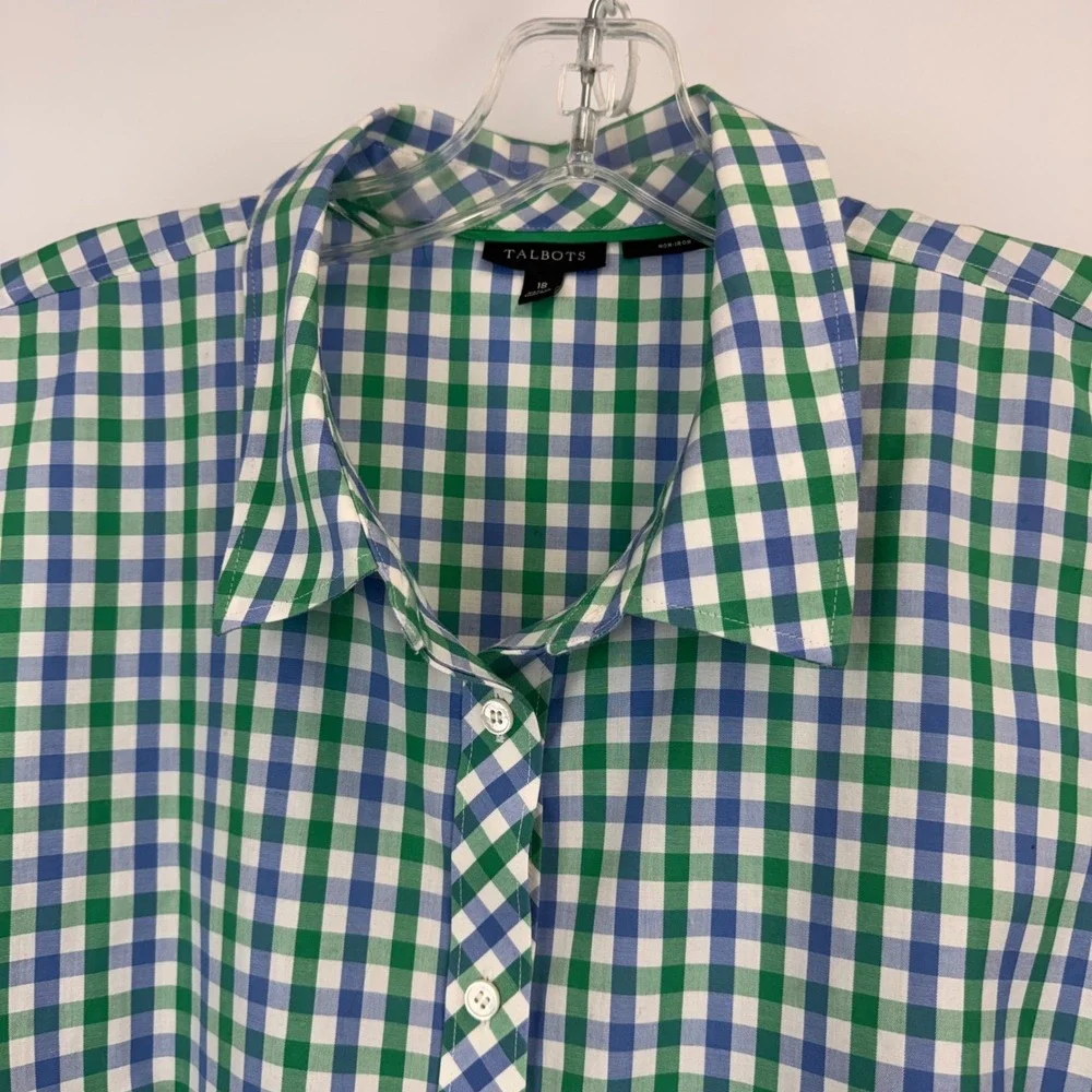 Talbots Womens 18 Gingham Sleeveless Button Down Shirt Scallop Trim Green Blue - Picture 9 of 13